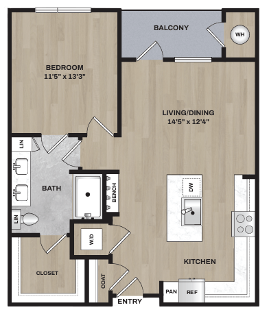 A floor plan of an apartment with a bedroom, living/dining area, kitchen, bathroom, and closet.